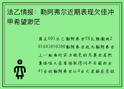法乙情报：勒阿弗尔近期表现欠佳冲甲希望渺茫