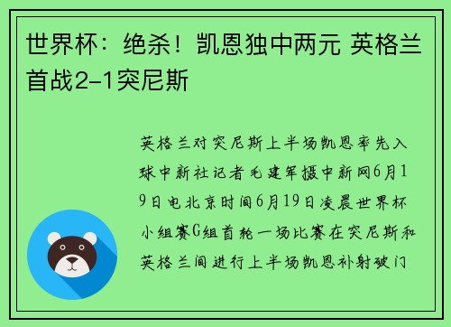世界杯：绝杀！凯恩独中两元 英格兰首战2-1突尼斯